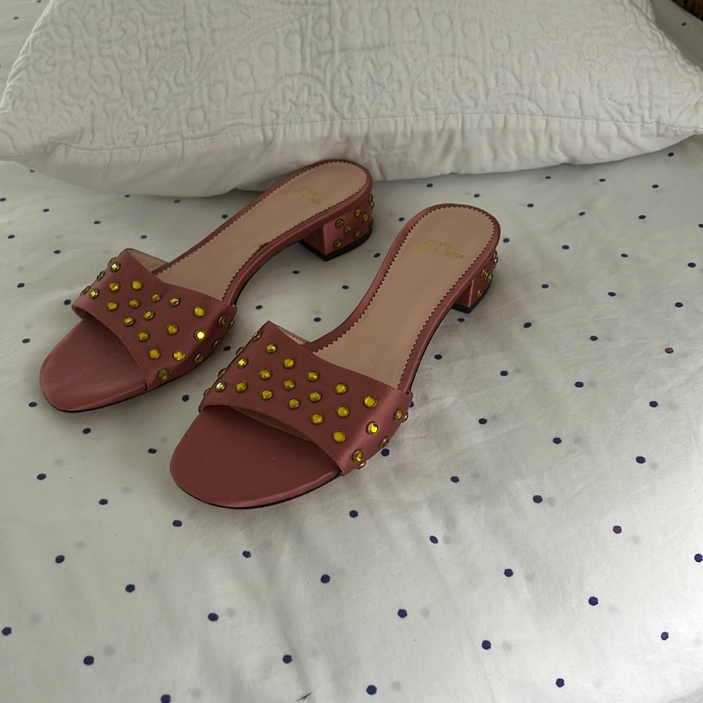 J Crew rose satin slides with gold rhinestones